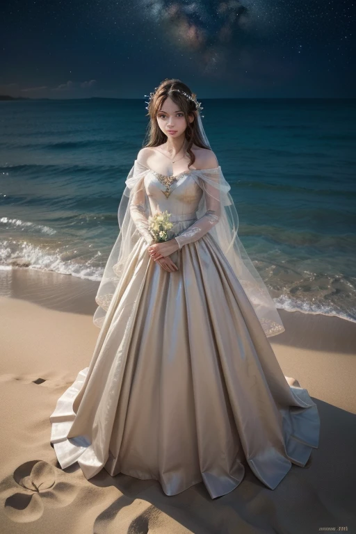 Image of a girl from a fairy tale Standing alone on the sandy beach, waiting anxiously for someone. This picture looks cute. Beautiful lotus flowers floating in the sea There are stars floating in the sky. sparkling light Enhance sacred beauty Illustrations feature bright colors, high contrast, and meticulous details. and hyper-realistic features

Style: Realistic, Hyperrealistic, Digital Art, Illustration, Concept Art, 8k.