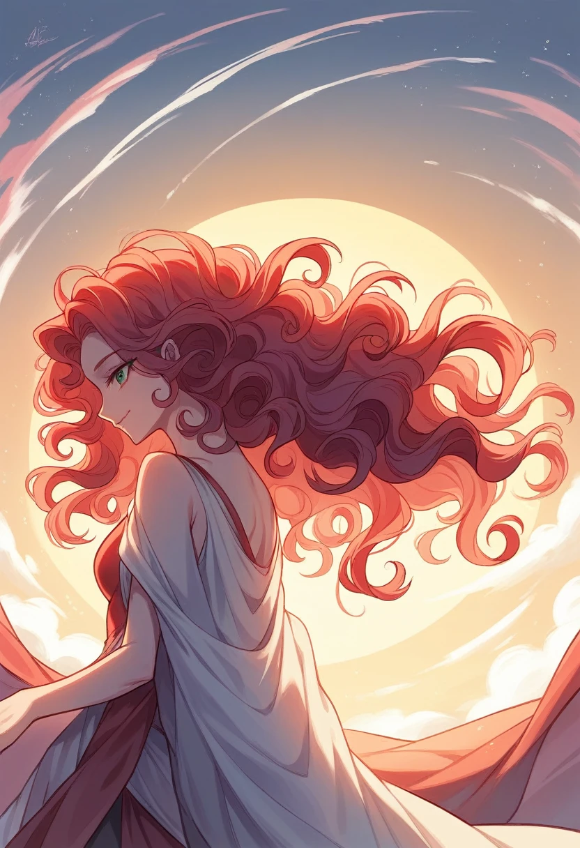 (couple), girl and boy, Gaze at the red sky at sunrise, rear view, 1boy, ((boy with green eyes, short black curly hair)), 1girl, ((girl with red eyes, vibrant pink long hair)), intimate, rich in detail, happy expression, love, long shot, wide angle, (((masterpiece, best quality, aesthetic, heavenly)))