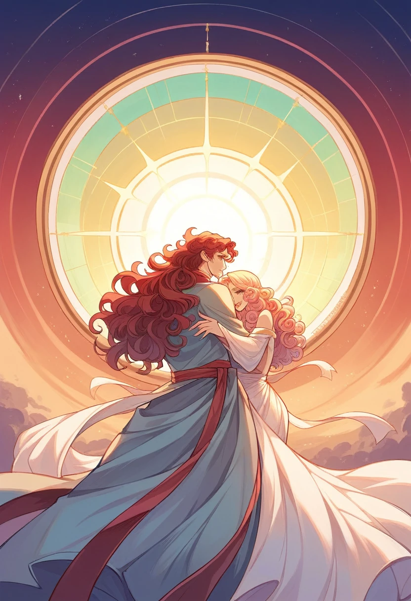 (couple), girl and boy, Gaze at the red sky at sunrise, rear view, 1boy, ((boy with green eyes, short black curly hair)), 1girl, ((girl with red eyes, vibrant pink long hair)), intimate, rich in detail, happy expression, love, long shot, wide angle, (((masterpiece, best quality, aesthetic, heavenly)))
