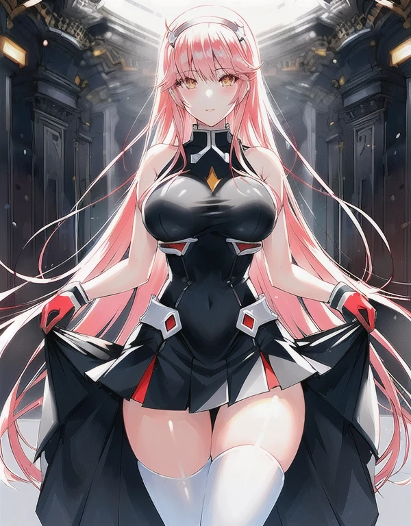 (zero_two_001:1.4), thicc school 1girl wearing thighhighs pleated skirt, skirt pull, skirt lift, revealing panties, short skirt, gorgeous features, clear face, symmetrical face, beautiful face, rendered eyes, detailed eyes, beautiful hair, smile, long legs, [thick|slender] bare thighs, thigh gap, natural breasts, symmetrical breasts, perfect breasts, anatomy, athletic, fit, in shape, exotic, alluring, mature, masterpiece portrait, extreme detail, (character focus:1.4), highly detailed, 8k octane, HDR, ultra detailed, best quality, highest quality, realistic lighting, hyperdetailed