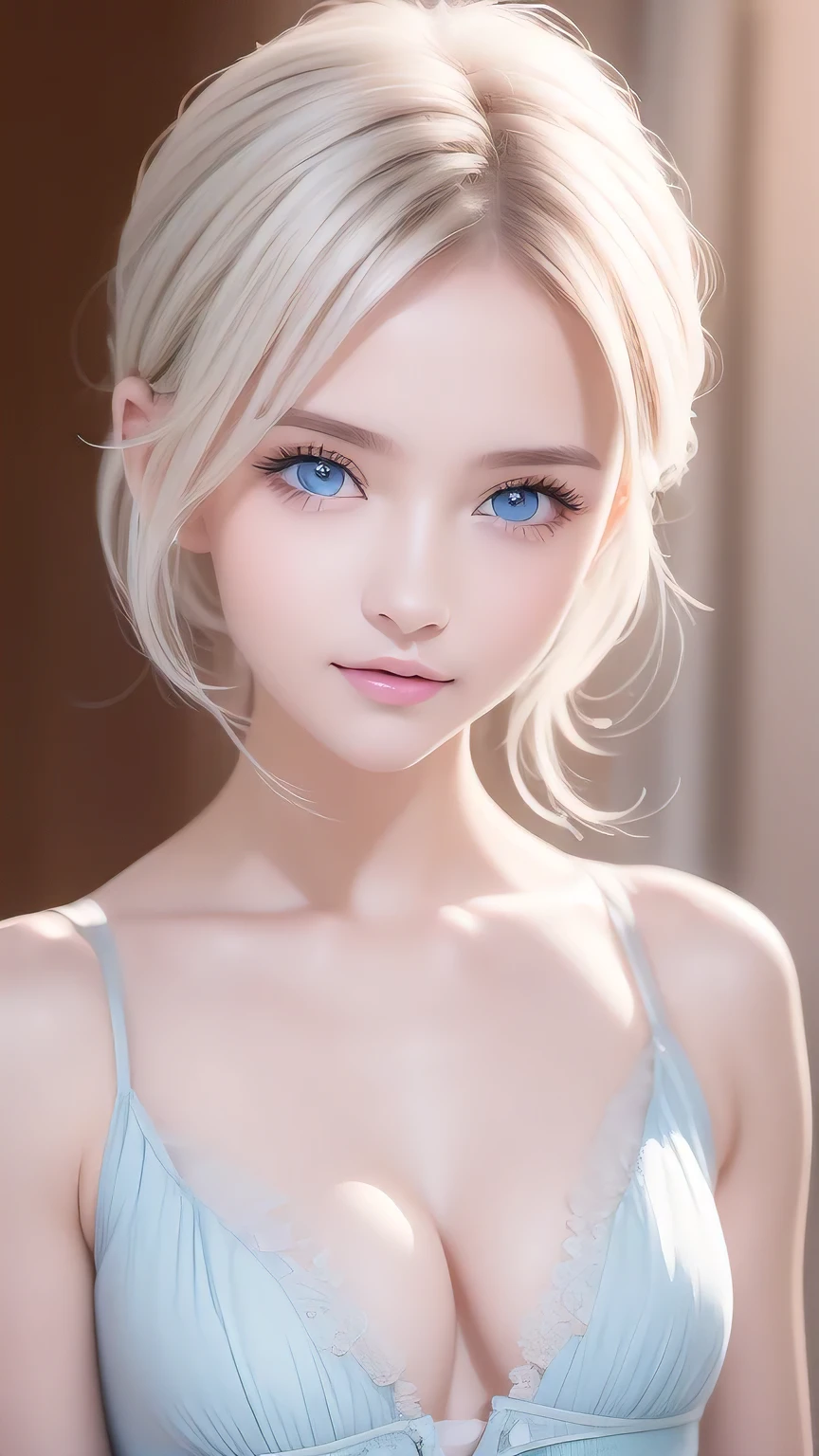 Exceptional sexy beauty、Beautiful, calm and bright expression、Sexy refreshing look、Perfect beautiful pretty face、Very bright, light blue eyes、Short ponytail、Long bangs between the eyes、Long platinum blonde straight hair、Beautiful facial hair、Very cute beautiful sexy young little woman、Very perfect beautiful pretty face、Beautiful clear cute eyes