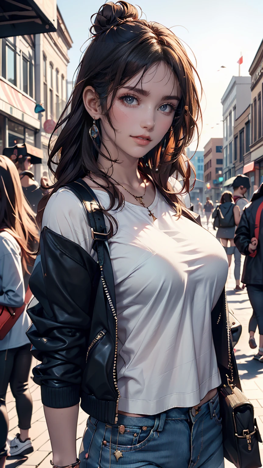 (masterpiece:1.2, Highest quality), 1 Female, alone, Upper Body, Big Breasts, A chic and edgy leather jacket、Style it with a classic white tee and distressed jeans.。With minimal makeup and a loose bun、Creates confidence and ease。 (Music festivals and trendy downtown districts) Eye-catching sunglasses and chunky jewelry, Comes with a convenient crossbody bag