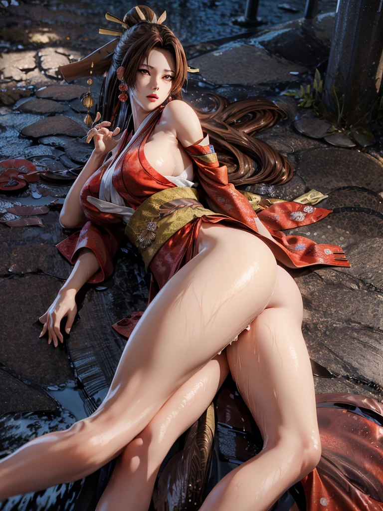 (exquisitely detailed CG unity 8k wallpaper, masterpiece-quality with stunning realism), (best illumination, best shadow), (best quality), (elegant style:1.2), Arti modern anime. angled view, heroic pose, midshot, (cel-shading style:1.3), centered image, ultra detailed closeup portrait of (Mai Shiranui:1) from (King of Fighters), best quality, expressive eyes, perfect face, highres, (ultra details), 1 girl, solo, (brown hair:1), hair ornament, eyeshadow, gold, white and red qipao, highly ornamented, in the city of Japan, portrait, looking at the viewer, piercing eyes, full body, (light from the angle:1) (wind blowing:1.2).(depth of field effects:1.3) (motion action:1.2) (closeup:1.2) (motion blur effects:1), spreading feet, Thin to transparent,see-through,(((Soggy-kimono:1.2))),Lace fabric, (((water-immersed body: 0.9))),jewelry, (lying down:1) (holding an oriental fan:1), (hands down:1)