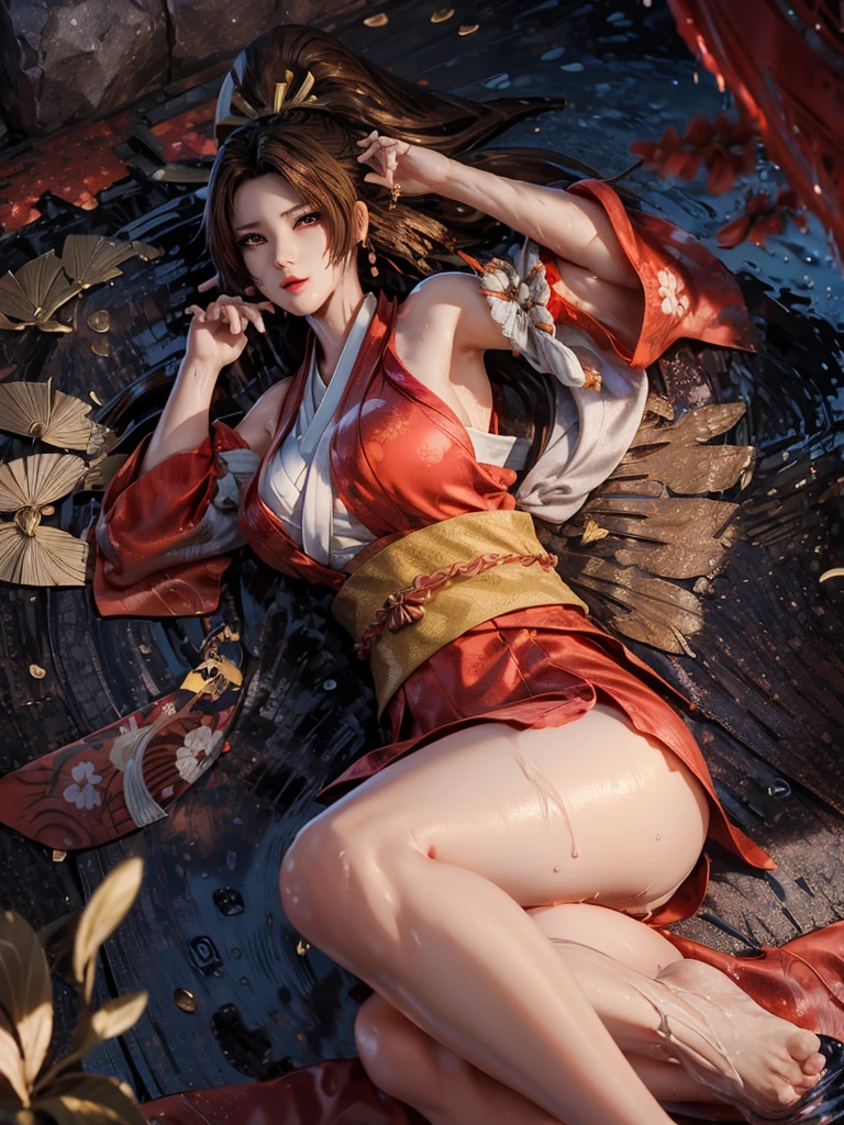(exquisitely detailed CG unity 8k wallpaper, masterpiece-quality with stunning realism), (best illumination, best shadow), (best quality), (elegant style:1.2), Arti modern anime. angled view, heroic pose, midshot, (cel-shading style:1.3), centered image, ultra detailed closeup portrait of (Mai Shiranui:1) from (King of Fighters), best quality, expressive eyes, perfect face, highres, (ultra details), 1 girl, solo, (brown hair:1), hair ornament, eyeshadow, gold, white and red qipao, highly ornamented, in the city of Japan, portrait, looking at the viewer, piercing eyes, full body, (light from the angle:1) (wind blowing:1.2).(depth of field effects:1.3) (motion action:1.2) (closeup:1.2) (motion blur effects:1), spreading feet, Thin to transparent,see-through,(((Soggy-kimono:1.2))),Lace fabric, (((water-immersed body: 0.9))),jewelry, (lying down:1) (holding an oriental fan:1),