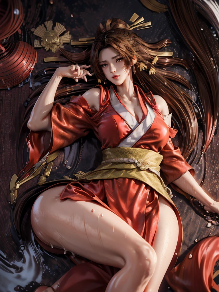 (exquisitely detailed CG unity 8k wallpaper, masterpiece-quality with stunning realism), (best illumination, best shadow), (best quality), (elegant style:1.2), Arti modern anime. angled view, heroic pose, midshot, (cel-shading style:1.3), centered image, ultra detailed closeup portrait of (Mai Shiranui:1) from (King of Fighters), best quality, expressive eyes, perfect face, highres, (ultra details), 1 girl, solo, (brown hair:1), hair ornament, eyeshadow, gold, white and red qipao, highly ornamented, in the city of Japan, portrait, looking at the viewer, piercing eyes, full body, (light from the angle:1) (wind blowing:1.2).(depth of field effects:1.3) (motion action:1.2) (closeup:1.2) (motion blur effects:1), spreading feet, Thin to transparent,see-through,(((Soggy-kimono:1.2))),Lace fabric, (((water-immersed body: 0.9))),jewelry, (lying down:1) (holding an oriental fan:1), (hands down:1)