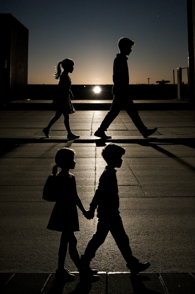 A silhouette of a girl and a boy walking in different directions, the background being night