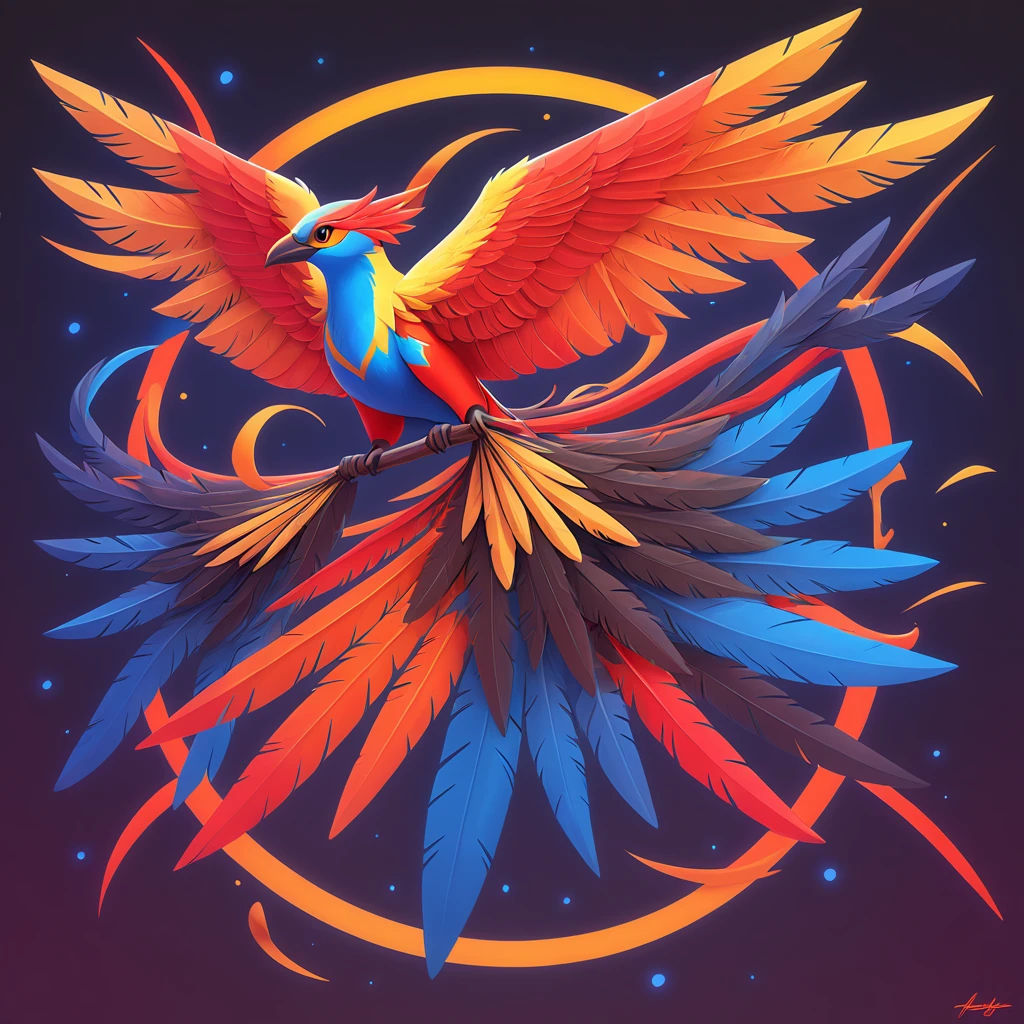 Aerial Champ with bright-yellow red-orange blue and black and red color palette with background in feathered art style