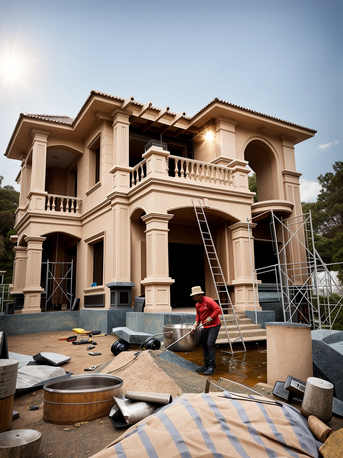 Photo brute, chef-d&#39;œuvre, maison arafée avec une voiture garée devant, style néo-classique, rendu en Lumion pro, style classicisme, style artistique classicisme, rendu lumineux, rendu en Lumion, visualisation architecturale, style néoclassique, dans le style du classicisme, soleil lumière blanche, rendu en vray, rendu en V-ray, rendu dans un moteur irréel 3D, (photoréaliste:1.2), meilleure qualité, ultra haute résolution, extérieur, architecture,maison moderne,(mur blanc:1.5), (détail portail noir:1.4), (photoréaliste:1.5), meilleure qualité, ultra haute résolution, extérieur,architecture,maison néoclassique,(mur blanc:1.2), (reliefs détaillés:1.2), (Le 1er étage avant a 4 fenêtres), (le 1er étage côté droit a 4 fenêtres), (le côté principal a des escaliers à trois marches), (le côté droit a des escaliers à trois marches) ,fenêtres en verre,,des arbres,route de circulation, Ciel bleu,in the style of realistic hyper-détailed rendering, villa néoclassique de luxe, dans le style de la scène néoclassique, fenêtres en verre, (toit bleu marine blanc:1.2), meilleure qualité, (trait droitdétail:1.1) toit, (Lignes complexes:1.5), ((photoréalisme:1.5)),(((hyper détail:1.5))), archquotidiennement, conception primée, (lumière dynamique:1.3), (veilleuse:1.2), (lumière parfaite:1.3), (Lumière chatoyante :1.4),  refection fenêtres en verre, (arc d&#39;architecture de ligne courbe:1.2), des arbres, beau ciel, photoréaliste, FKA, THAÏLANDAIS, RTX, SSAO, post-traitement, Post-production, cgi, Effets visuels, Effets sonores, en couleur,((moteur irréel 5)), Appareil photo Canon EOS R5 + Objectif Capteur CMOS plein format RF 45MP, hdr, réaliste,8k,((moteur irréel 5)), Cinematic détail complexe, Détails extrêmes, science, hyper-détail, FKA, super détail, super réaliste, détail fou, détail complexe, joli dégradé de couleurs, lumière réfléchie sur le verre, appliques murales accrocheuses, moteur irréel 5, rendu d&#39;octane, cinématique, tendance sur artstation, Haute fidélité, Vidéo,