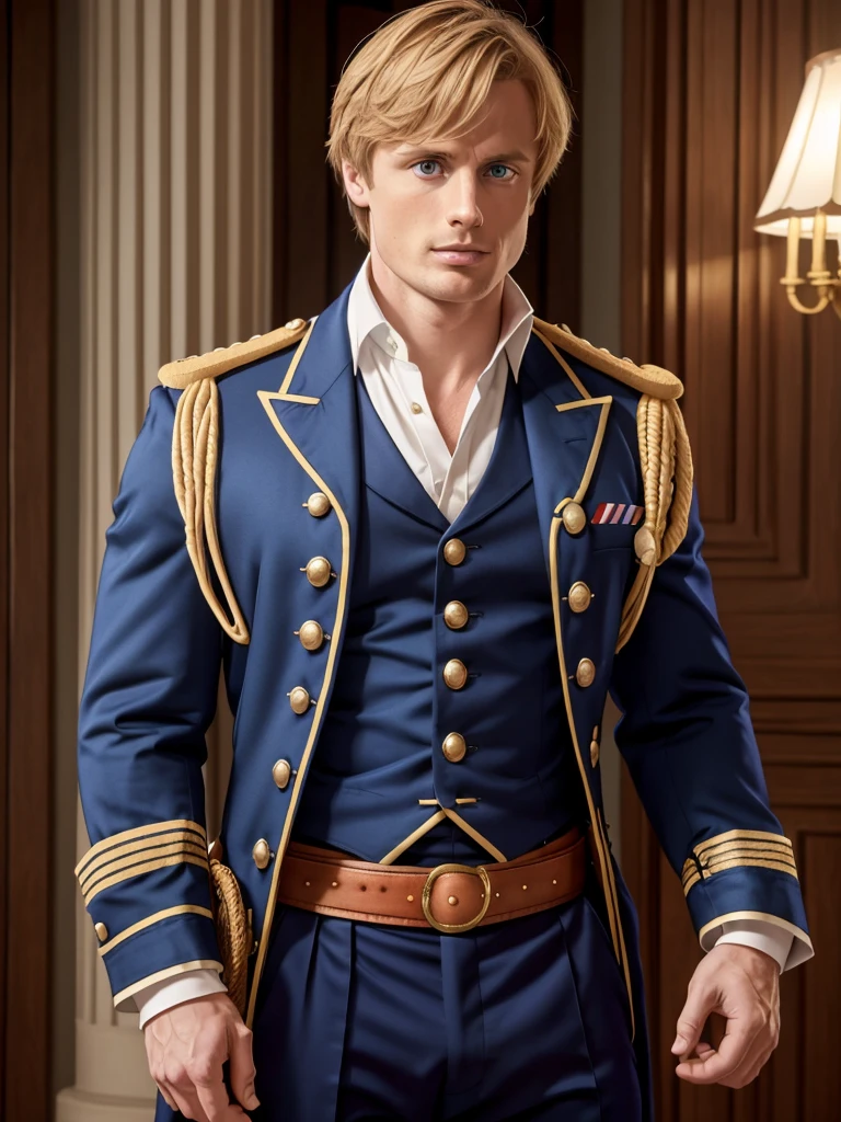 Bradley James handsome Victorian captain. The captain is 55 years old, muscular, blond, dressed in a ceremonial uniform, tight-fitting to his body and showing his muscles, buttoned up with all the buttons. His dreamy gaze is directed into the distance. The fly in the trousers is unbuttoned. Big and thick dick.