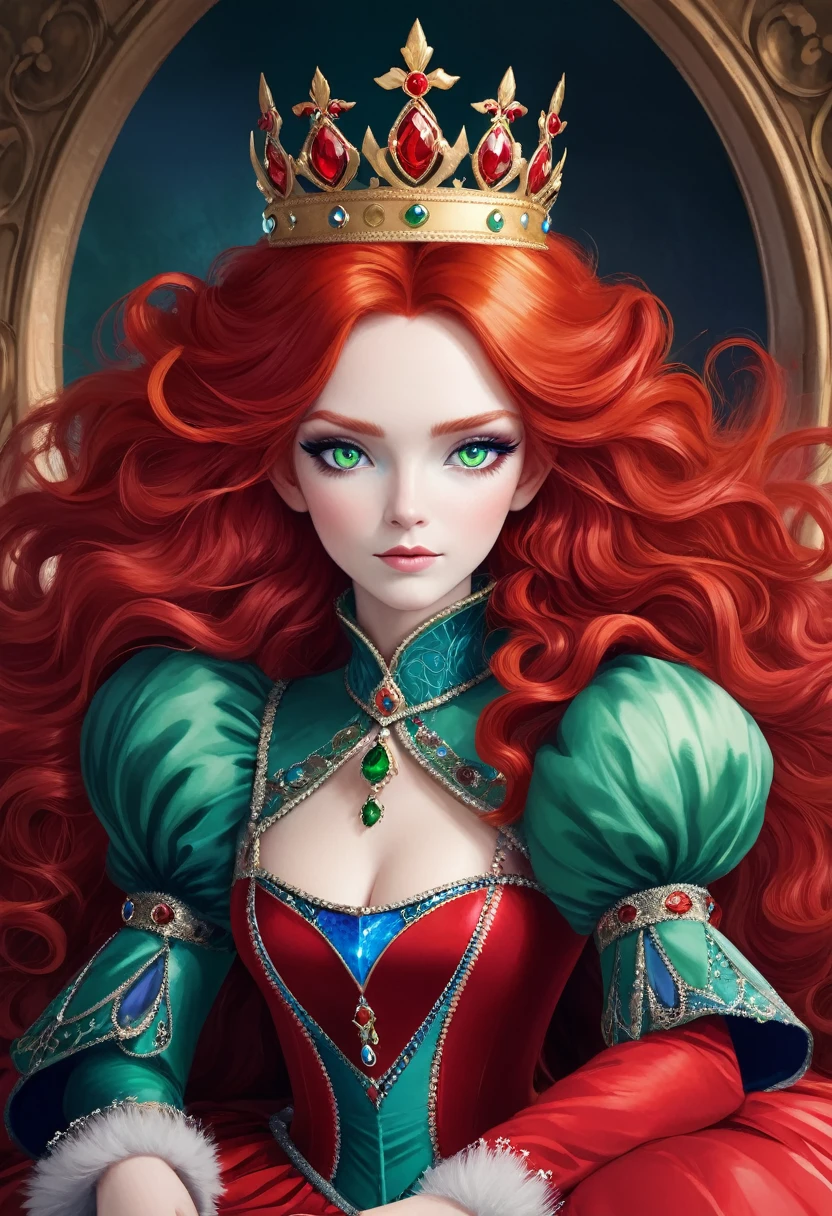 Red Queen,High Fluffy Red Hair,Green eyes,Blue eye shadow,Gorgeous crown,Sitting