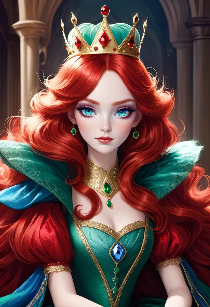 Red Queen,High Fluffy Red Hair,Green eyes,Blue eye shadow,Gorgeous crown,Sitting