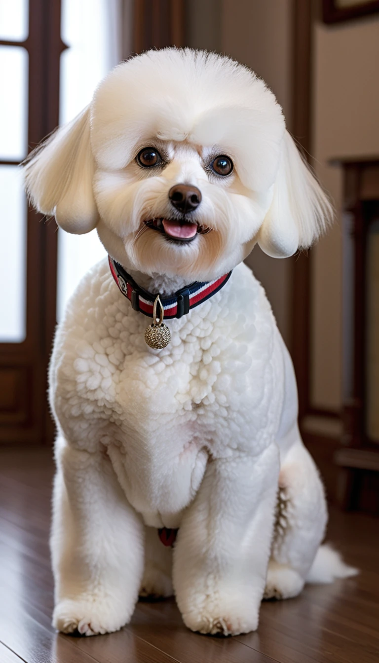 There is no one, realistic photo, photo realism, realism, bichon frize (Bichon Frize), perfect composition, intricate details, Very sharp, masterpiece, profile, high resolution, looking at the viewer, Full body photo in a comfortable atmosphere indoors