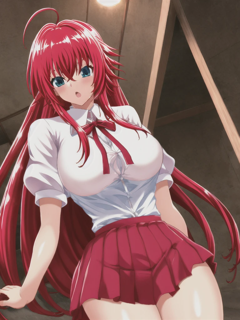 hellandheaven, rias, 1girl, solo, long_hair, breasts, open_mouth, bangs, skirt, large_breasts, shirt, ribbon, hair_between_eyes, very_long_hair, school_uniform, blue_eyes, white_shirt, ahoge, short_sleeves, red_hair, shiny_hair, neck_ribbon, rias_gremory