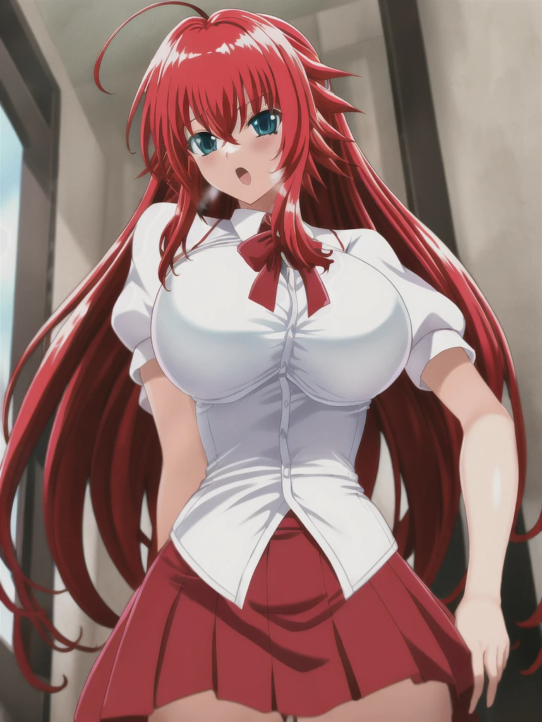 hellandheaven, rias, 1girl, solo, long_hair, breasts, open_mouth, bangs, skirt, large_breasts, shirt, ribbon, hair_between_eyes, very_long_hair, school_uniform, blue_eyes, white_shirt, ahoge, short_sleeves, red_hair, shiny_hair, neck_ribbon, rias_gremory