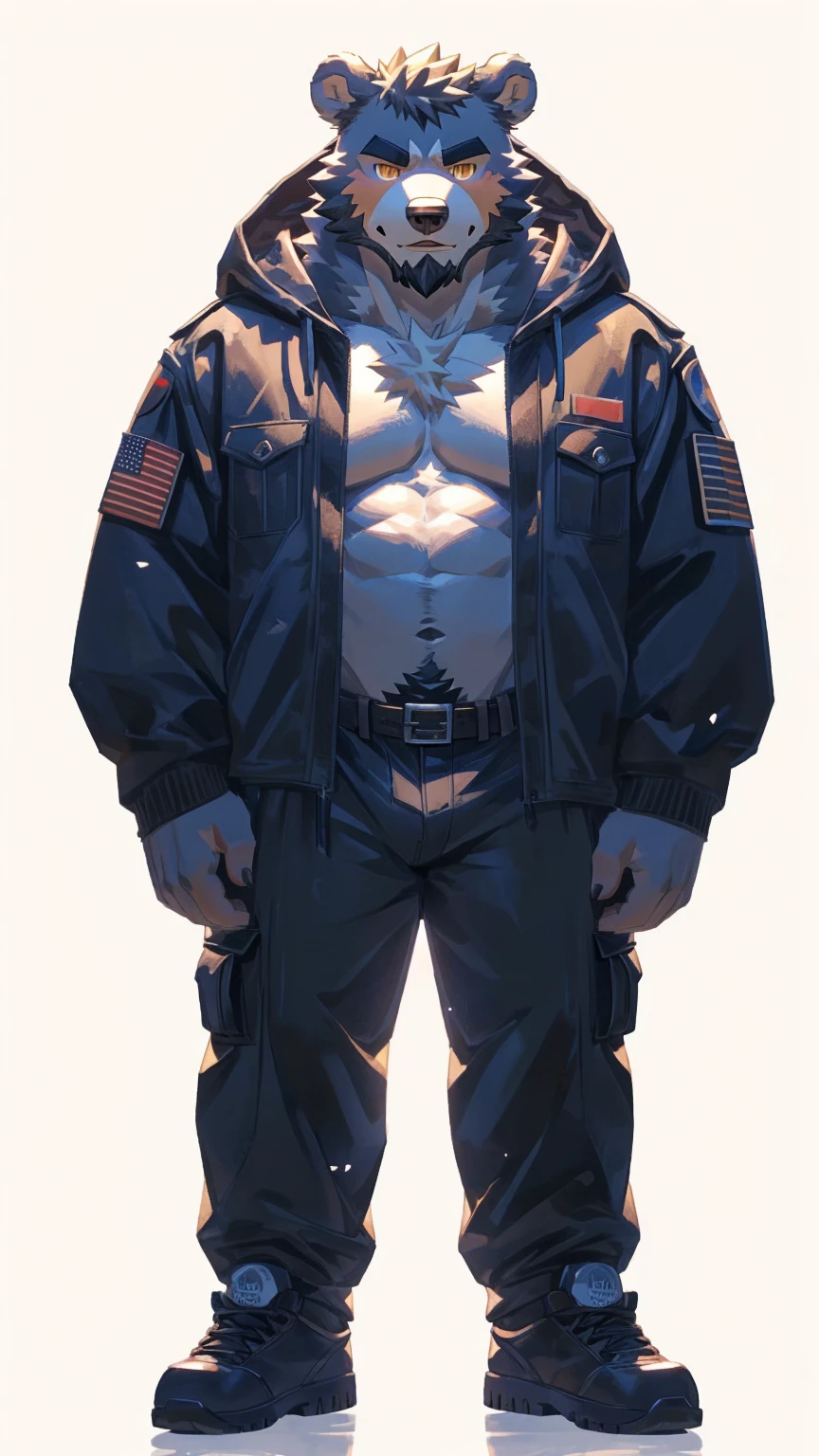 (masterpiece:1.2), best quality,pixiv,official art,perfect anatomy, (Ray tracing, light),solo, (1_male:1.3) , (muscle), (grey fur:1.4), (muscle bear), (beard:1.2), (gleaming golden eyes), bear tail, full body, Thick black eyebrows,(open hooded parka), (naked inside), jeans, (cargo pants:1.2), black shoes, (pure white background: 1.3)