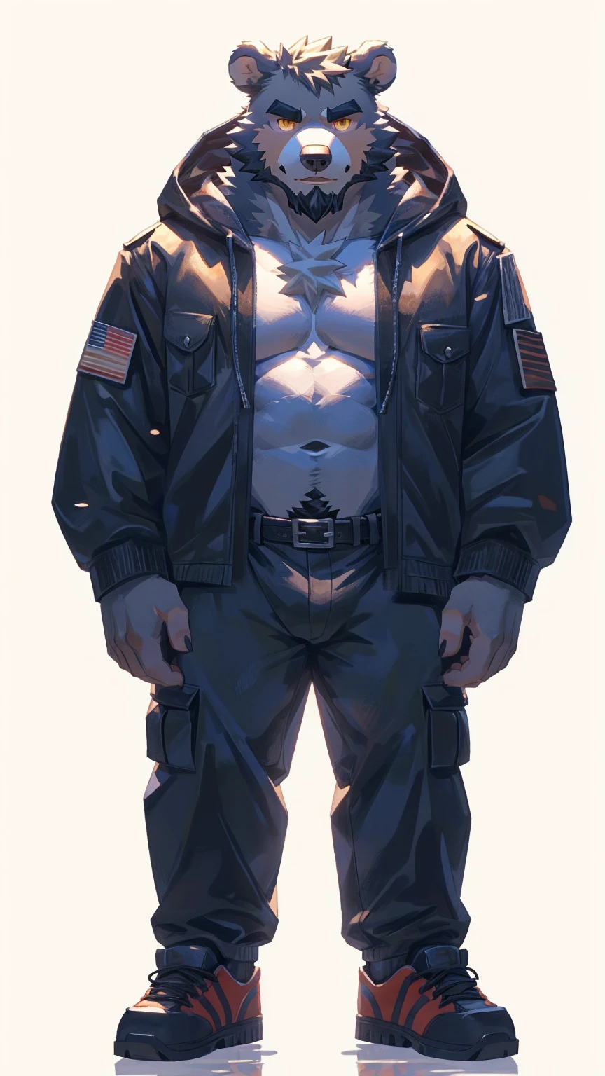 (masterpiece:1.2), best quality,pixiv,official art,perfect anatomy, (Ray tracing, light),solo, (1_male:1.3) , (muscle), (grey fur:1.4), (muscle bear), (beard:1.2), (gleaming golden eyes), bear tail, full body, Thick black eyebrows,(open hooded parka), (naked inside), jeans, (cargo pants:1.2), black shoes, (pure white background: 1.3)