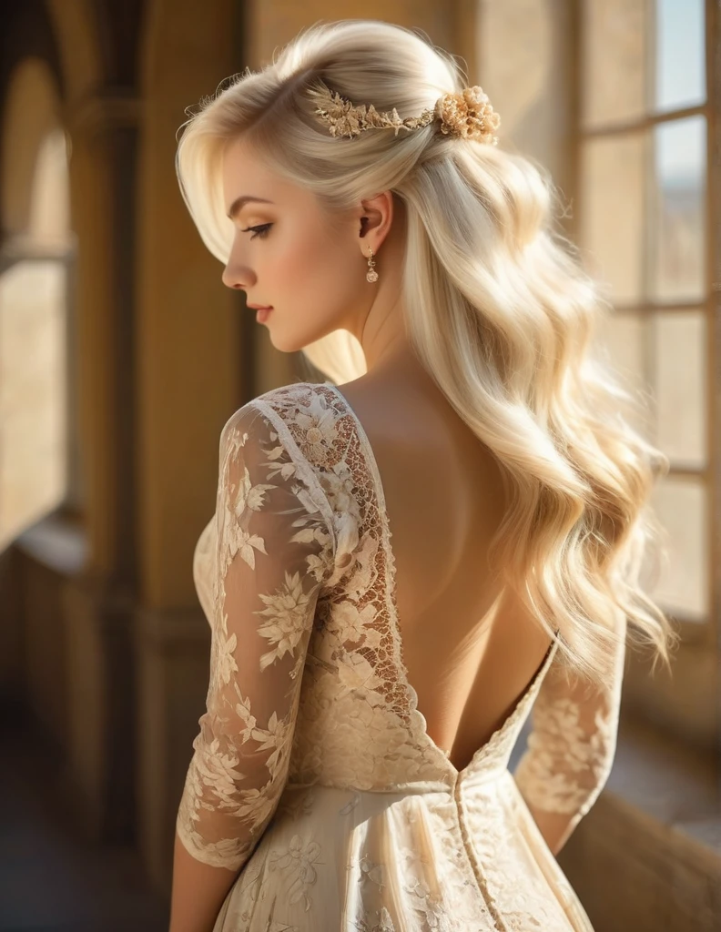 very attractive 25 year old girl with long platinum blonde hair, Beautiful woman looking in profile, Back and buttocks,Classical painting,Delicate brushwork,Gorgeous tight lace dress,Detailed hairstyle,Gentle sunlight,Soft Shadows,Golden tones