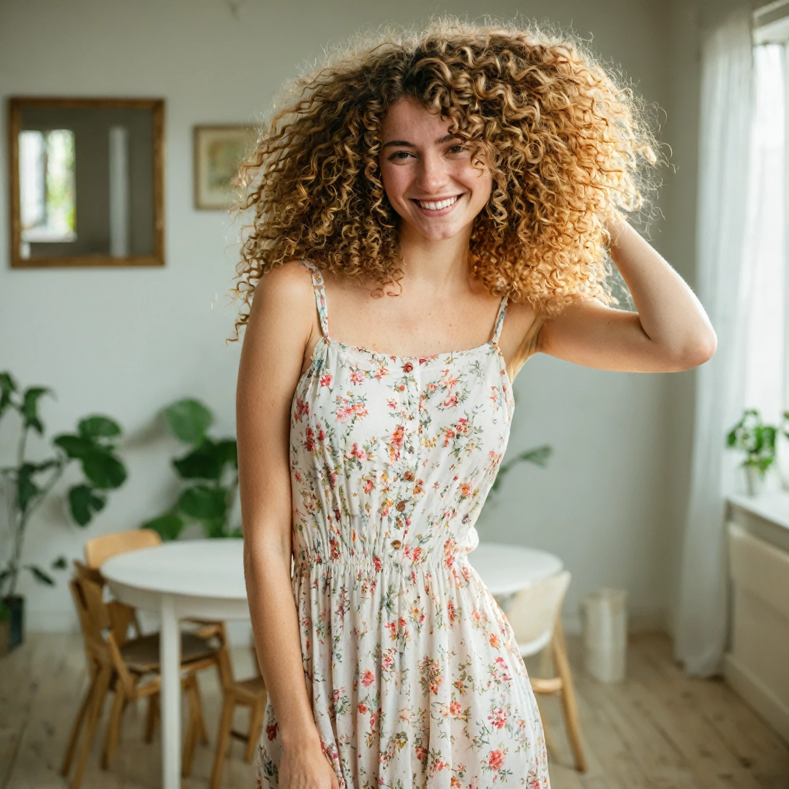 young caucasian woman with curly hair, smiling looking at the camera, feeling shy and embarrased, sundress, indoor lighting, messy surrounding, 80s home,