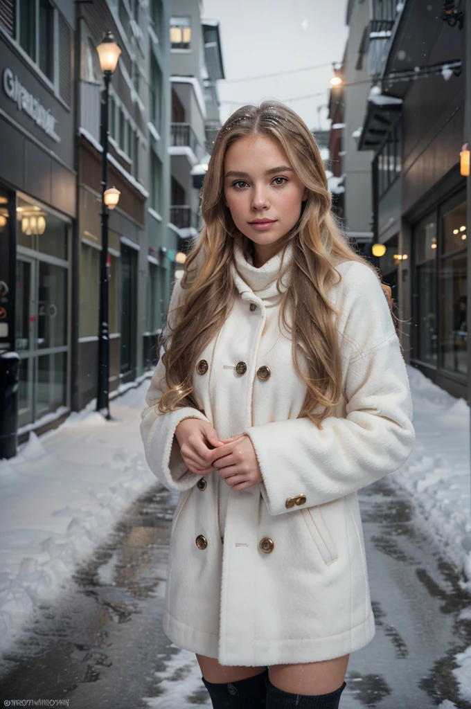 professional portrait photograph of a gorgeous Norwegian girl in winter clothing with long wavy blonde hair, sultry flirty look, gorgeous symmetrical face, cute natural makeup, wearing elegant warm winter fashion clothing, ((standing outside in snowy city street)), stunning modern urban environment, ultra realistic, concept art, elegant, highly detailed, intricate, sharp focus, depth of field, f/1. 8, 85mm, medium shot, mid shot, (((professionally color graded))), bright soft diffused light, (volumetric fog), trending on instagram, hdr 4k, 8k