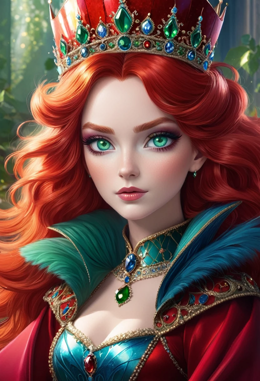 Red Queen,High Fluffy Red Hair,Green eyes,Blue eye shadow,Gorgeous crown,Queen's throne
