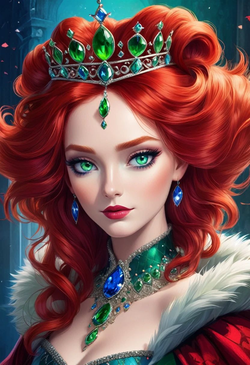 Red Queen,High Fluffy Red Hair,Green eyes,Blue eye shadow,Gorgeous crown,Queen's throne