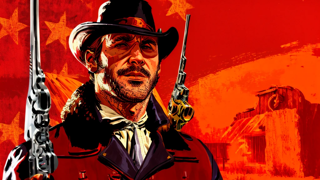 R3DD34Dstyle, digital portrait, A Ryan gosling HoLDiNG a revolver, in wild west, red background,everything is sHATTERRInG IN BACkGROUNd