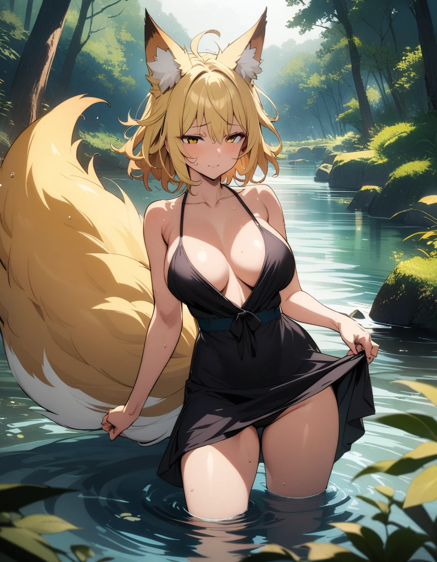(masterpiece,best quality,very aesthetic,ultra-detailed),(illustration,official art),nsfw,solo,BREAK,1girl,30yo,curvy,large breasts,tall,stout build,bewitching,(blonde fox ears),(a fox tail),(blonde hair,short hair,messy hair),disheveled hair,(brown foxy eyes),half closed eyes,beautiful face,(wading,girl floating on the surface of lake),comfortable,calming,(smirk:0.7),Fantastic atmosphere,Night sky,Fireflies glowed and flew along a riverbank in Japan, depicting the trajectory of their flight,(flower print dark green loose kimono,pelvic curtain),(scar on breasts,scar on cheek:1.2),standing,hand on cheek,looking away,BREAK,forest,river beach,cowboy shot
