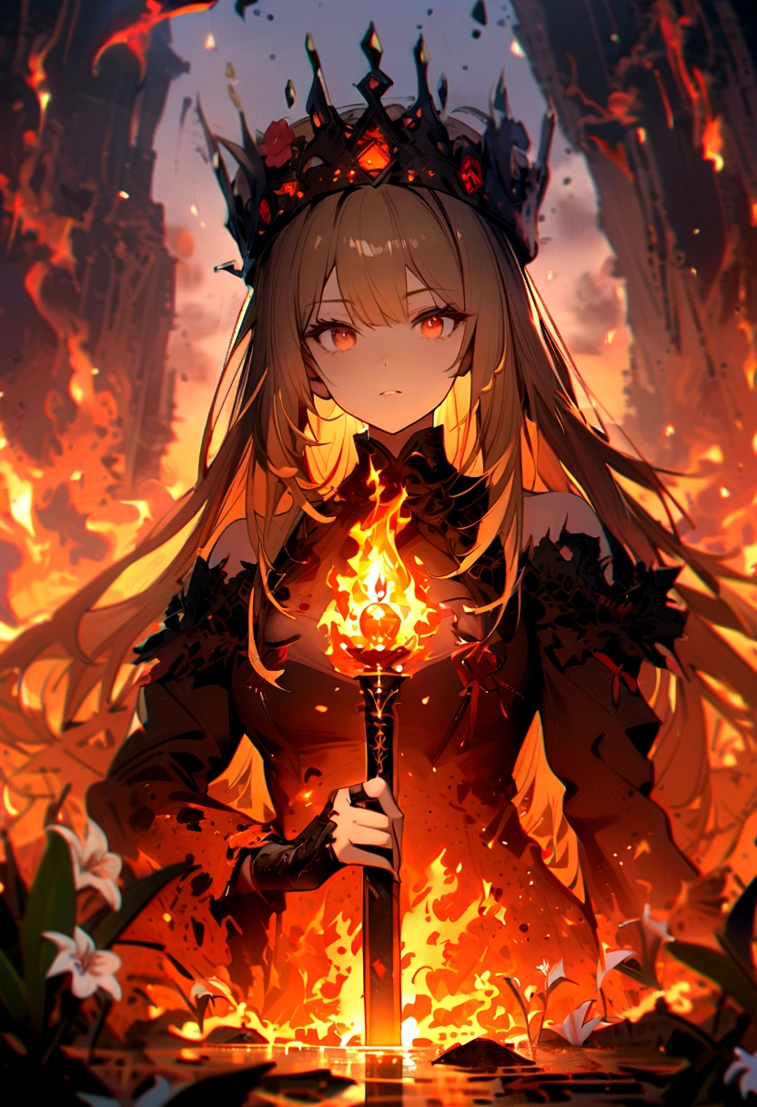 1 Girl, crown,, breathing fire, combustion, Burnt clothes, ember, Ahog, Beige hair, Colorful hair, fire, fire焰, fire焰剑, (Hold the hilt of a sword in your hand), permanent, Long hair, fire力运动, Poker face, smokes, flower(Symbolism), Solitary, fireflower, Sunset, twilight, white flower, Molten Rock, lily (flower), fiery flower, Depth of Field, combustion ,