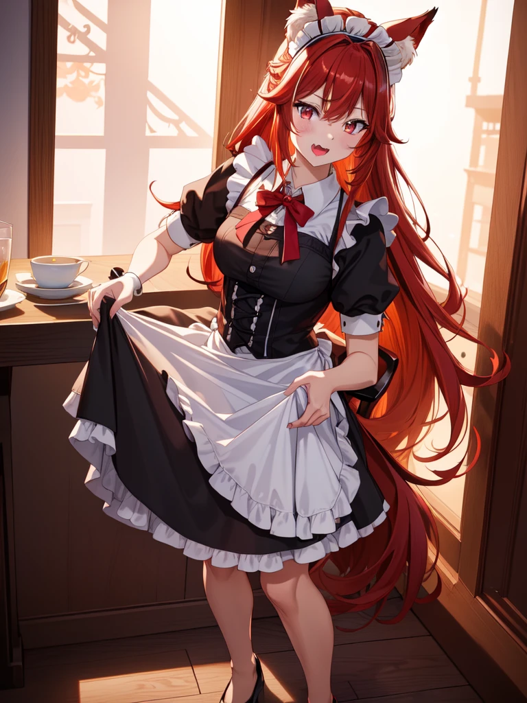 (((masterpiece)), (best quality:1.7), (detailed:1.4), (high res:1.4), 8k, (colorful:1.5), high resolution, sharped image, 4k, hd, (beautiful detailed background:1.2), (beautiful lighting:1.2), (highly detailed:1.2), perfect lighting, (8k wallpaper:1.2), (highly detailed:1.2), (extremely detailed CG:1.2), flay_jitsuoresaikyo, 1girl, solo, tail, long hair, open mouth, embarrassed, fang, animal ears, tail between legs, blush, hair between eyes, ((mischievous look)), ((looking at viewer)), fake screenshot, red hair, fox ears, animal ear fluff, red eyes, very long hair, (wolf tail), ((maid)), white apron, maid dress, black bow, (black shoes), (posing), (lingerie), (white panties), ((maid shoes)), (((skirt lift))), ((maid cafe)), (cafe), door, table, chair, decorations, lights, beautiful, (short dress),