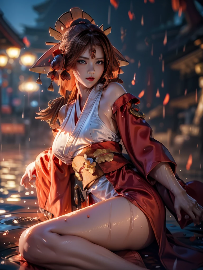 (exquisitely detailed CG unity 8k wallpaper, masterpiece-quality with stunning realism), (best illumination, best shadow), (best quality), (elegant style:1.2), Arti modern anime. angled view, heroic pose, midshot, (cel-shading style:1.3), centered image, ultra detailed closeup portrait of (Mai Shiranui:1) from (King of Fighters), best quality, expressive eyes, perfect face, highres, (ultra details), 1 girl, solo, (brown hair:1), hair ornament, eyeshadow, gold, white and red qipao, highly ornamented, in the city of Japan, portrait, looking at the viewer, piercing eyes, full body, (light from the angle:1) (wind blowing:1.2).(depth of field effects:1.3) (motion action:1.2) (closeup:1.2) (motion blur effects:1), spreading feet, Thin to transparent,see-through,(((Soggy-kimono:1.2))),Lace fabric, (((water-immersed body: 0.9))),jewelry, (lying down:1) (holding an oriental fan:1), (hands down:1)