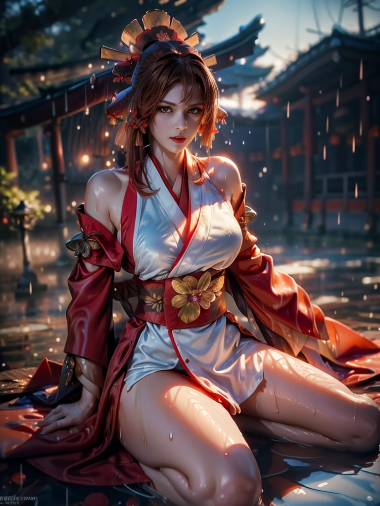 (exquisitely detailed CG unity 8k wallpaper, masterpiece-quality with stunning realism), (best illumination, best shadow), (best quality), (elegant style:1.2), Arti modern anime. angled view, heroic pose, midshot, (cel-shading style:1.3), centered image, ultra detailed closeup portrait of (Mai Shiranui:1) from (King of Fighters), best quality, expressive eyes, perfect face, highres, (ultra details), 1 girl, solo, (brown hair:1), hair ornament, eyeshadow, gold, white and red qipao, highly ornamented, in the city of Japan, portrait, looking at the viewer, piercing eyes, full body, (light from the angle:1) (wind blowing:1.2).(depth of field effects:1.3) (motion action:1.2) (closeup:1.2) (motion blur effects:1), spreading feet, Thin to transparent,see-through,(((Soggy-kimono:1.2))),Lace fabric, (((water-immersed body: 0.9))),jewelry, (lying down:1) (holding an oriental fan:1), (hands down:1)