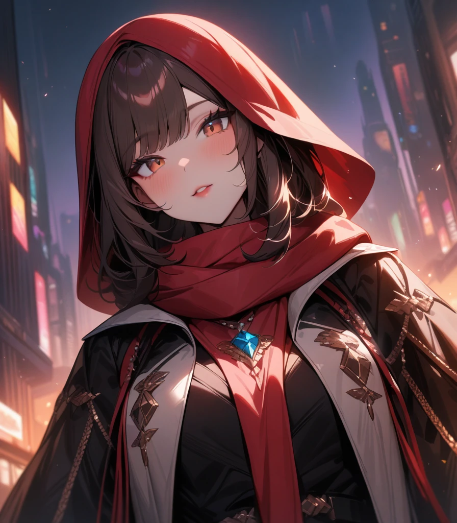 Masterpiece, girl (( Highly detailed, high resolution, best quality )) Scarf, hijab, black dress, neon sky coat, stunning, elegant, rosy cheeks, reddish lips, brown crystal eyes