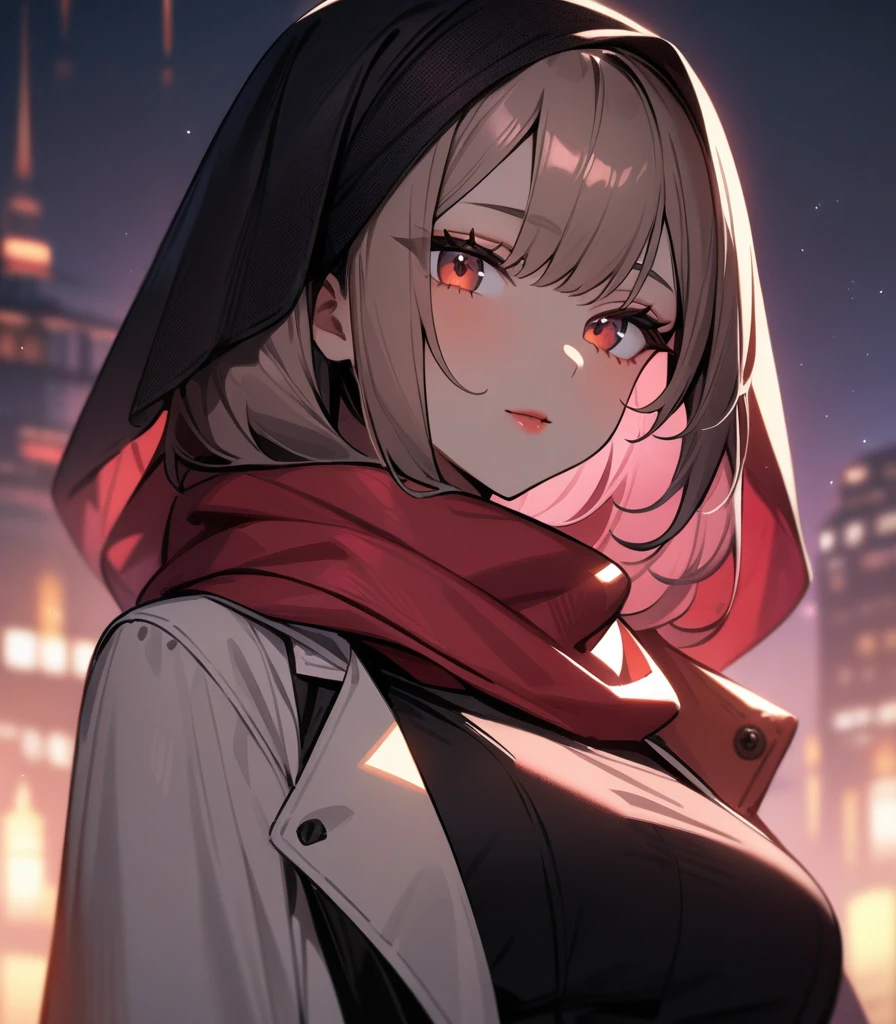 Masterpiece, girl (( Highly detailed, high resolution, best quality )) Scarf, hijab, black dress, neon sky coat, stunning, elegant, rosy cheeks, reddish lips, brown crystal eyes