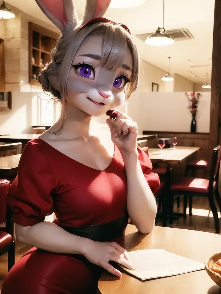 Highest quality,
masterpiece,
Ultra-realistic,
Super detailed,
Beautiful details,
4K,8K,upper,
pixar,
Photo realistic,
Medium Shot,
Background is ((restaurant)),
(((night view))), night, ambient light,
Realistic lighting,
((Anthropomorphic rabbit)),
Detailed animals,
Complex patterns,
(Furry:1.35),
(All skin is grey:1.35),
(The body is fluffy and bushy:1.1),
Realistic fur,
(((Human hand))),
(Judy Hopps face:1.35),
(((wave hairstyle))),
((side part bangs)), bangs,
((hair color is dark)),
Purple eyes,
{Eye highlights, Clear eyes, Eyes sparkling, Large, round pupils},
Detailed Iris,
(Eyebrows raised:1.2),
(Crescent eyebrows:1.3),
(Bunny ears:1.3),
hospitality smile,
((Angel smile)),
innocent smile,
raised corners of mouth,
The woman is wearing ((one-piece cloth)), long skirt,
((wine red one-piece cloth)),
((wine red skirt)),
(alone:1.5),
(1 Female:1.5),
Only 1 character,
Perfect Anatomy,
Lighting forward,
Lighting front,
lamplight,
Intricate details,
Ray Tracing,
Realistic,