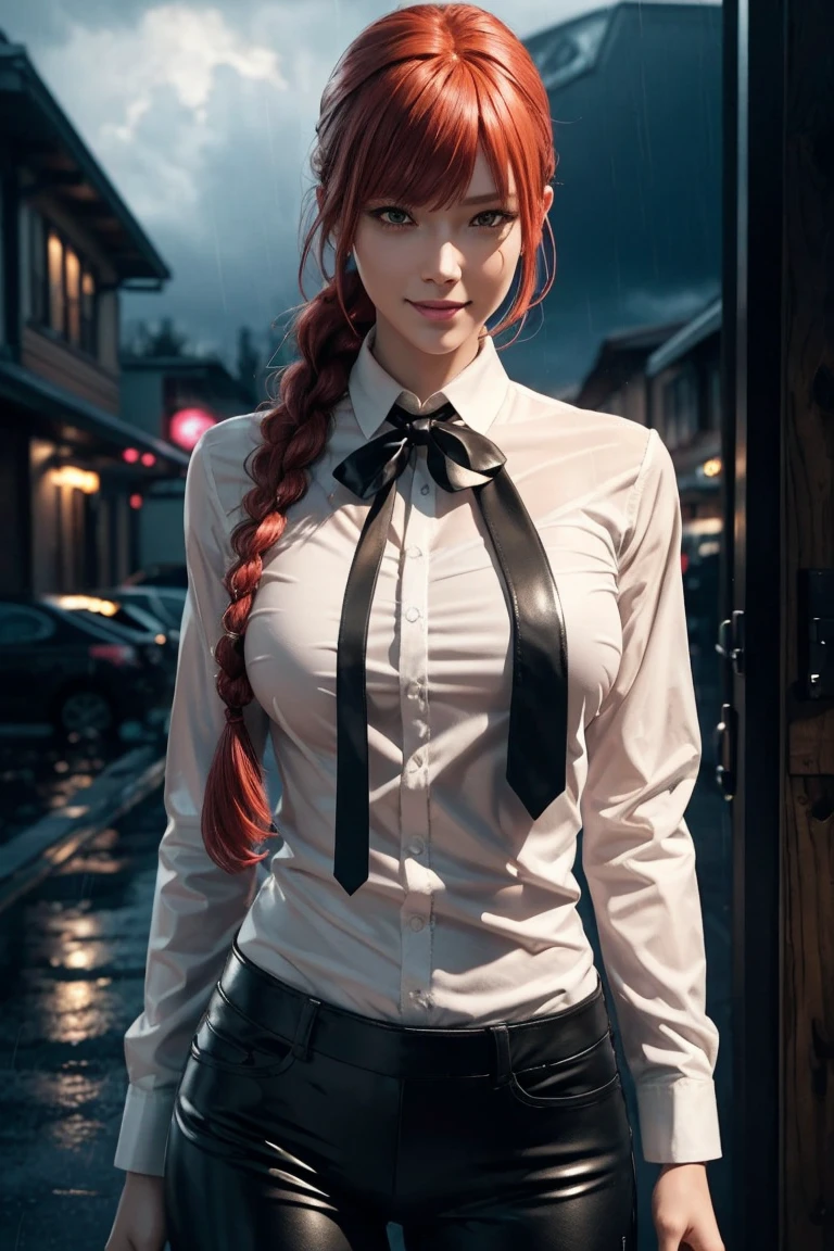 Chainsaw Man,Makima,With bangs,Red Hair,Braids at the back,Yellow eyes,White long sleeve shirt,Black tie,Black Leather Pants,Ultra HD,super high quality,masterpiece,Digital SLR,Photorealistic,Detailed details,Vivid details,Depicted in detail,A detailed face,Detailed details,Super Detail,Realistic skin texture,Anatomical basis,Perfect Anatomy,Anatomically correct hand,Anatomically correct fingers,Complex 3D rendering,Sexy pose,Rainy Sky,Beautiful scenery,Fantastic rainy sky,Picturesque,Pink Lips,smile,