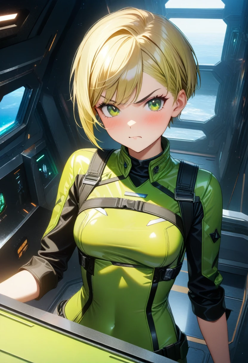 1girl, very short hair, tomboy, very short hair, pixie cut, annoyed face, modern hairstyle, short hairstyle, chic and asymmetrical pixie cut, short blonde pixie hair, very short hair, highlights on hair, green eyes, open green bodysuit, medium breasts, spaceship interior, masterpiece quality, intricate detail, 4k resolution, ultra hd