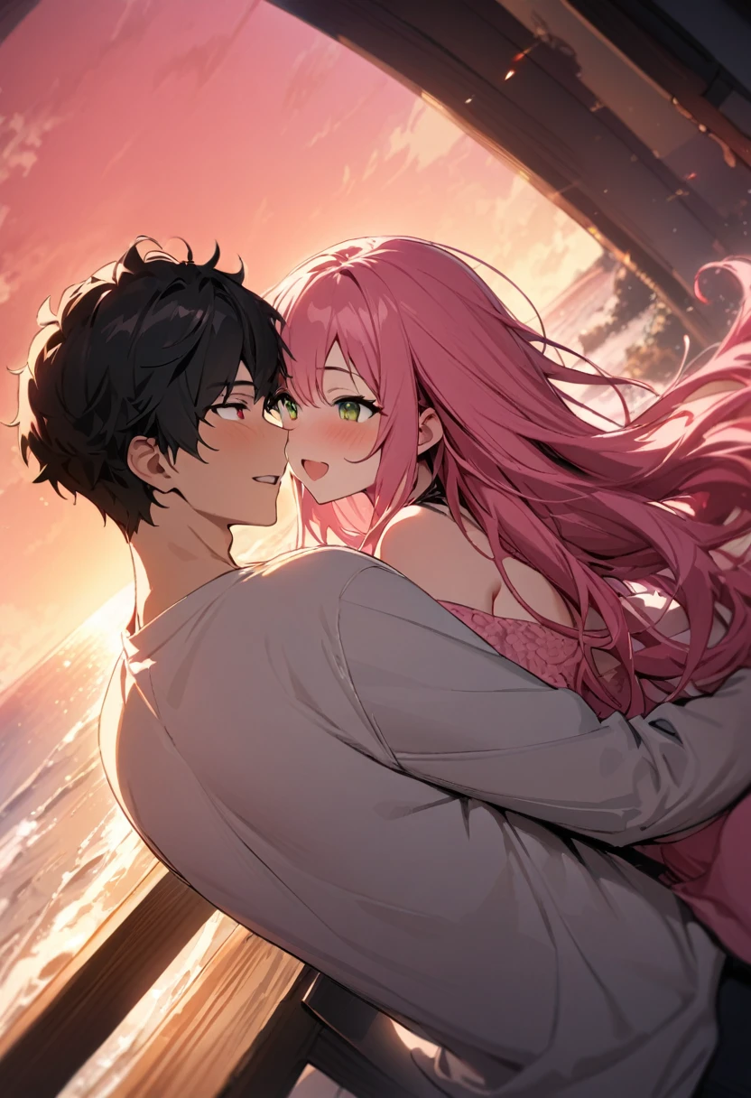 (couple), girl and boy, Gaze at the red sky at sunrise, rear view, 1boy, ((boy with green eyes, short black curly hair)), 1girl, ((girl with red eyes, vibrant pink long hair)), intimate, rich in detail, happy expression, love, long shot, wide angle, (((masterpiece, best quality, aesthetic, heavenly)))
