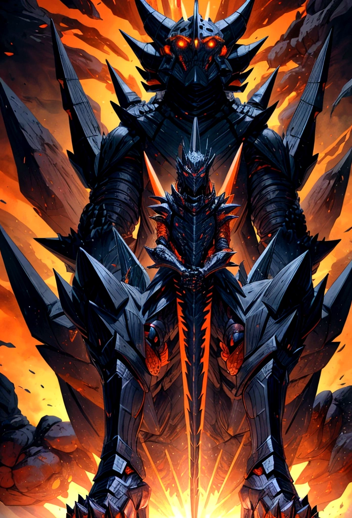 Original Kaiju armor form of a human, sharp, obsidian-like plates that overlap like armor, Elongated and somewhat reptilian head, with a pronounced crest of jagged obsidian spikes running from the forehead to the back of the neck. Four glowing, amber eyes are set deep in the skulls, arms with massive claws and blades, feet have three large, taloned toes, A long, whip-like tail ending in a mace-like cluster of obsidian spike, orange lines and aura in between armor. HD. city background destroyed