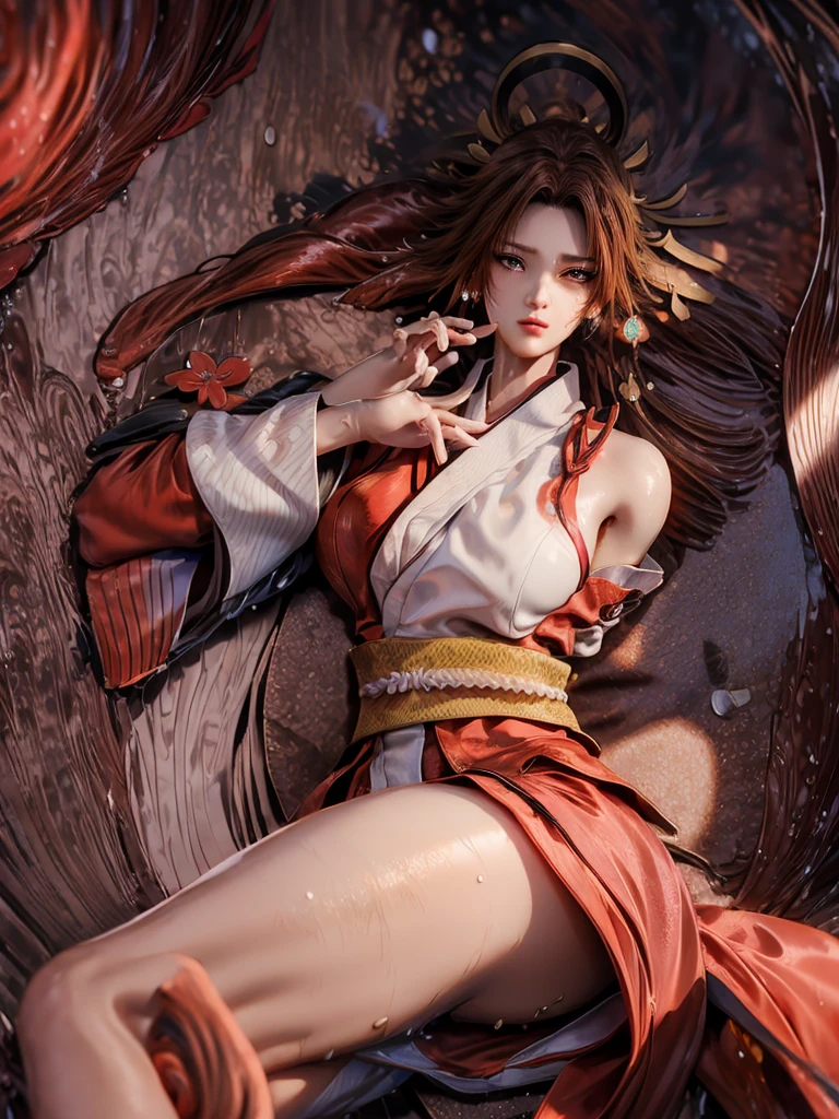 (exquisitely detailed CG unity 8k wallpaper, masterpiece-quality with stunning realism), (best illumination, best shadow), (best quality), (elegant style:1.2), Arti modern anime. angled view, heroic pose, midshot, (cel-shading style:1.3), centered image, ultra detailed closeup portrait of (Mai Shiranui:1) from (King of Fighters), best quality, expressive eyes, perfect face, highres, (ultra details), 1 girl, solo, (brown hair:1), hair ornament, eyeshadow, gold, white and red qipao, highly ornamented, in the city of Japan, portrait, looking at the viewer, piercing eyes, full body, (light from the angle:1) (wind blowing:1.2).(depth of field effects:1.3) (motion action:1.2) (closeup:1.2) (motion blur effects:1), spreading feet, Thin to transparent,see-through,(((Soggy-kimono:1.2))),Lace fabric, (((water-immersed body: 0.9))),jewelry, (lying down:1) (holding an oriental fan:1),