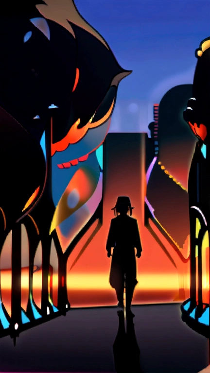 A silhouette of a girl and a boy walking in different directions, the background being night