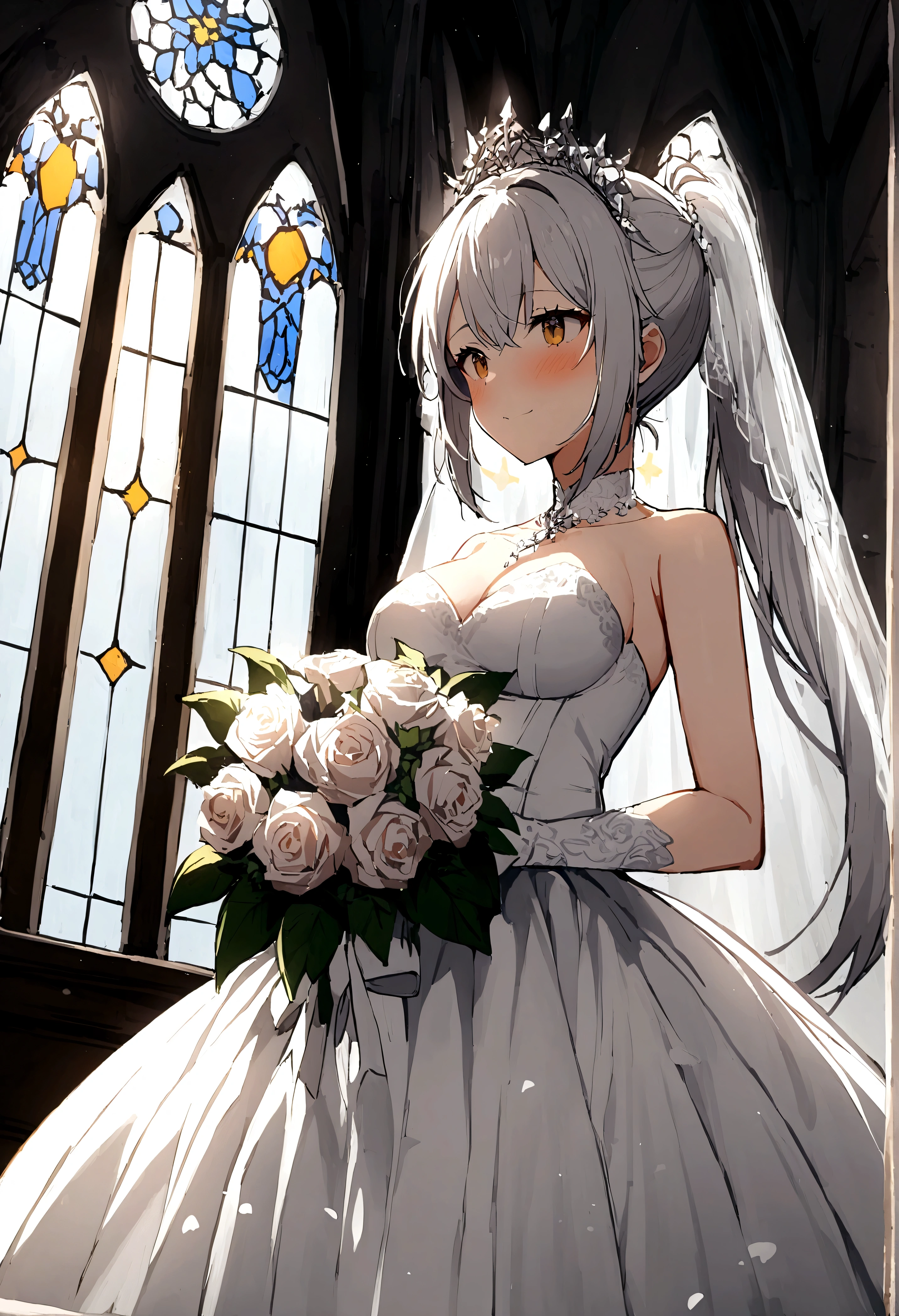 1 girl,KasuganoSora, Sora,white pantyhose,wedding dress,white gray hair,long double ponytail,bridal bouquet,wedding veil,White Moonlight, church, Glass Window