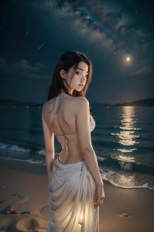 Portrait of a young woman Standing alone with my back on the sandy beach, waiting for someone. This picture looks cute. There are beautiful lotus flowers glowing and floating in the sea. There are stars floating in the sky. sparkling light Enhance sacred beauty Illustrations feature bright colors, high contrast, and meticulous details. and hyper-realistic features