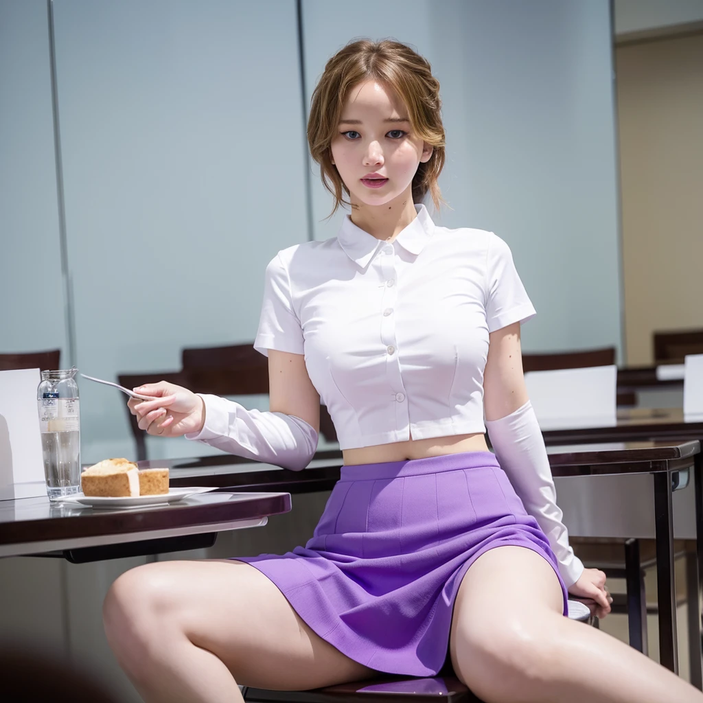 Jennifer Lawrence, beautiful, purple skirt of Korean students, close-fitting crop top shirt, showing off her breasts nonchalantly, beautiful breasts, feet wearing white fishnet stockings