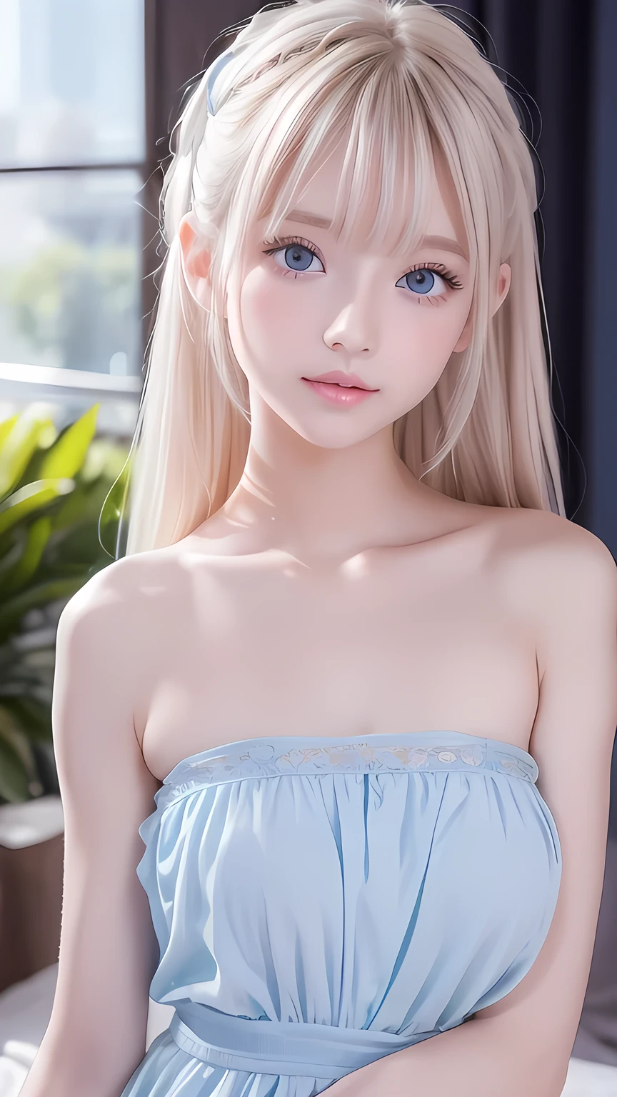 Exceptional sexy beauty、Beautiful, calm and bright expression、Sexy refreshing look、Perfect beautiful pretty face、Very bright, light blue eyes、Short ponytail、Long bangs between the eyes、Long platinum blonde straight hair、Beautiful facial hair、Very cute beautiful sexy young woman、Very perfect beautiful pretty face、Beautiful clear cute eyes