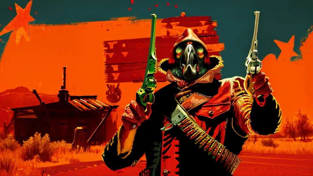 R3DD34Dstyle, digital portrait, A PArROt HoLDiNG a revolver, in wild west, red background,everything is sHATTERRInG IN BACkGROUNd