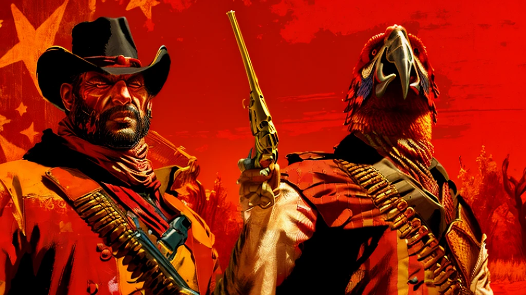 R3DD34Dstyle, digital portrait, A PArROt HoLDiNG a revolver, in wild west, red background,everything is sHATTERRInG IN BACkGROUNd