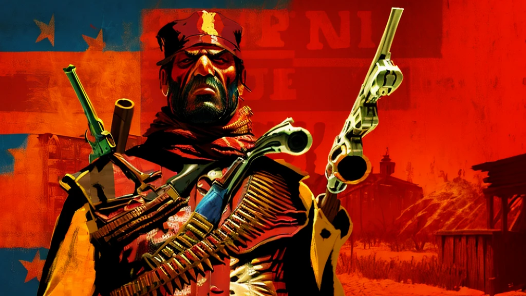 R3DD34Dstyle, digital portrait, A PArROt HoLDiNG a revolver, in wild west, red background,everything is sHATTERRInG IN BACkGROUNd