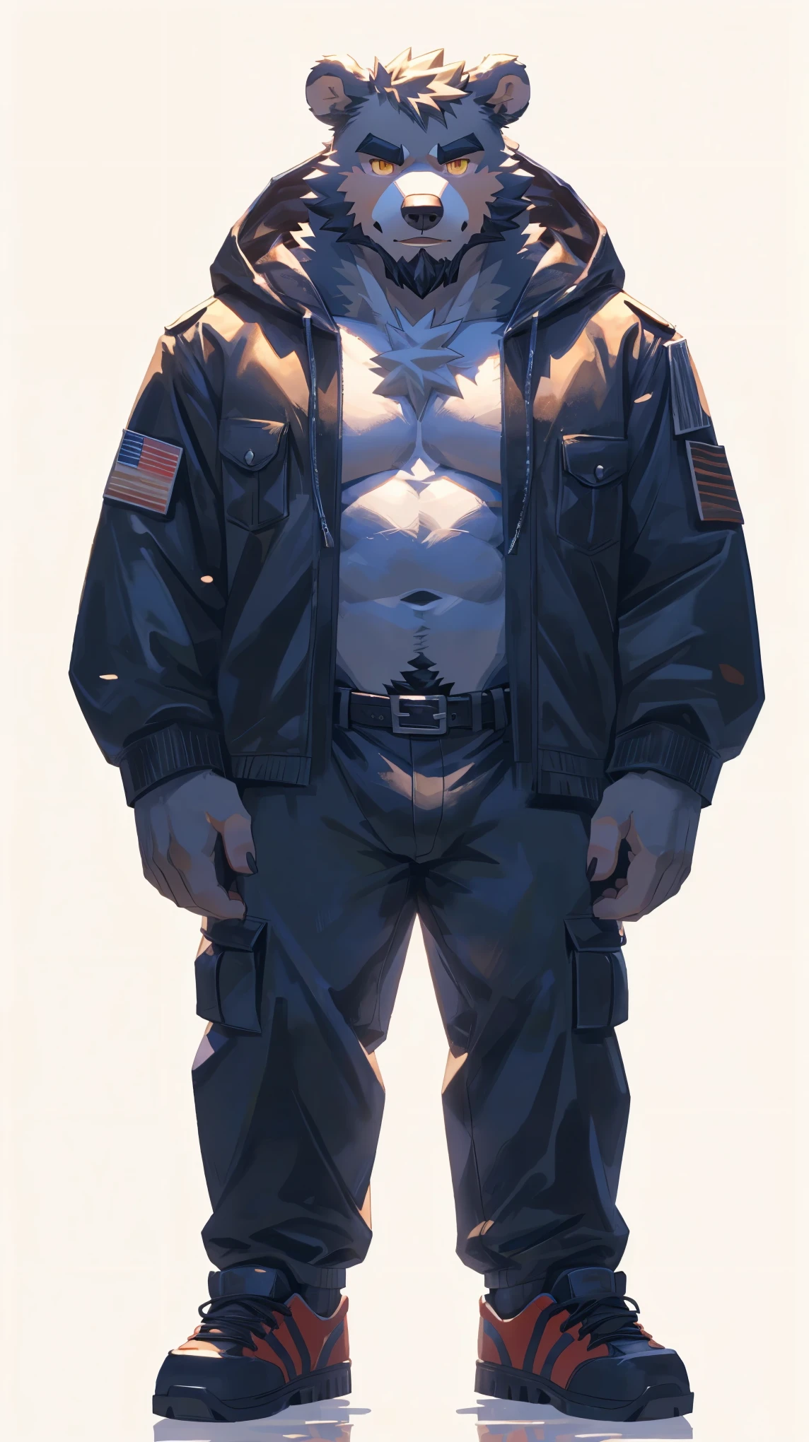 (masterpiece:1.2), best quality,pixiv,official art,perfect anatomy, (Ray tracing, light),solo, (1_male:1.3) , (muscle), (grey fur:1.4), (muscle bear), (beard:1.2), (gleaming golden eyes), bear tail, full body, Thick black eyebrows,(open hooded parka), (naked inside), jeans, (cargo pants:1.2), black shoes, (pure white background: 1.3)