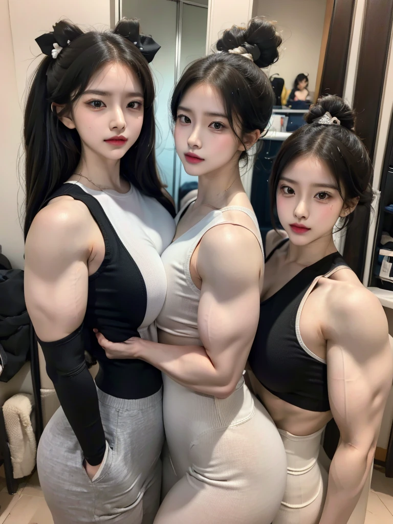 Four girls in school uniform pose for a photo in front of a mirror,,Confused eyes,Strong muscles,4 sisters,black,Shoulders visible,,black衣服,Bow your head,Angry expression,Hammerhead,Upper body only,exercise,Korean beauty photo,Gothic beauty,Bow your head,Angry expression,very beautiful. Big Muscle, , Very strong, Distinct facial features, , Strong arms,, Strong Woman, Stunning beauty, Muscle characteristics, Big Arms, muscular!!, tall and big, Strong posture, Muscle tissue, , Muscle tissue, Asian women,avatar,Sportswear,Upper body only