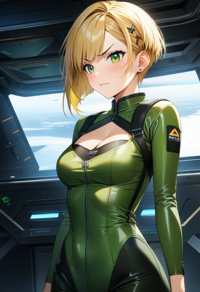 1girl, cleavage, very short hair, tomboy, very short hair, pixie cut, annoyed face, modern hairstyle, short hairstyle, chic and asymmetrical pixie cut, short blonde pixie hair, very short hair, highlights on hair, green eyes, open green bodysuit, medium breasts, spaceship interior, masterpiece quality, intricate detail, 4k resolution, ultra hd